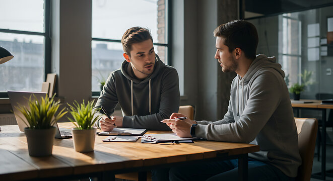Two young men collaborating on a project, brainstorming ideas and discussing strategies in a modern office setting