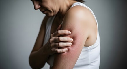 Naklejka premium Woman experiencing intense upper arm pain, clutching her reddened skin, showing discomfort and distress