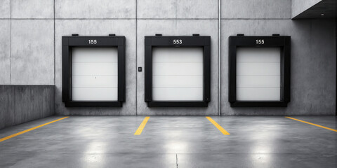 Loading Dock Perspective A loading dock area with several closed bay doors numbered sequentially along a concrete wall. Yellow safety