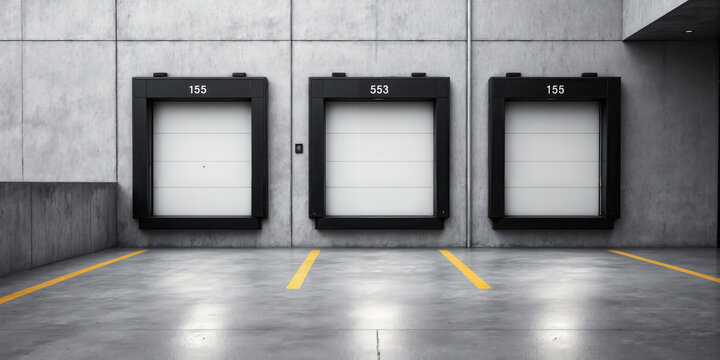 Loading Dock Perspective A loading dock area with several closed bay doors numbered sequentially along a concrete wall. Yellow safety