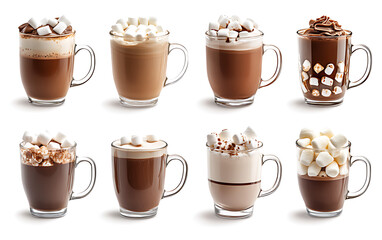 Obraz premium A set of hot chocolate with marshmallows in glass mugs isolated