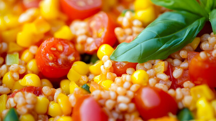 Vibrant Close-Up of Fresh Salad with Cherry Tomatoes, Corn, and