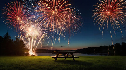 Celebrating Independence Day with patriotic elements such as American flags, red, white, and blue decorations, fireworks, and star motifs. The composition should feel joyful, proud, and energetic.  