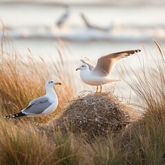 Kelp SeaGull (Larus dominicanus) Displaying Wings while nesting on Magdalena Island, Punta Arenas, Chile.
