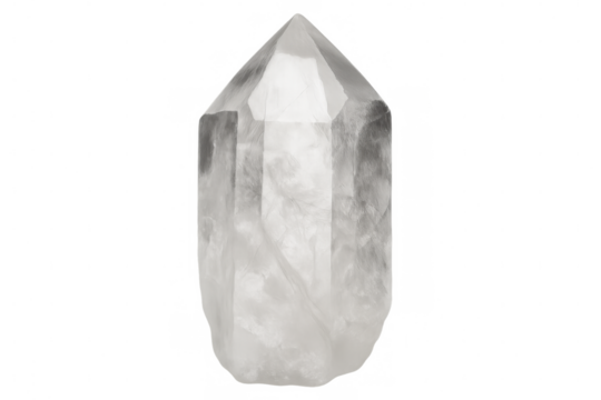 Close-up of a clear quartz crystal point, showcasing its transparency and intricate facets, isolated on a transparent background