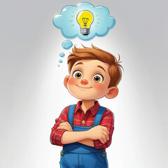 A boy with a light bulb above his head signifies he is thinking of an idea.