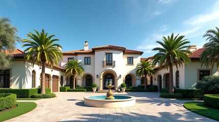 Fototapeta premium Luxurious Mediterranean Villa with Fountain, Palm Trees, and Sunny Blue Sky: A Real Estate Dream