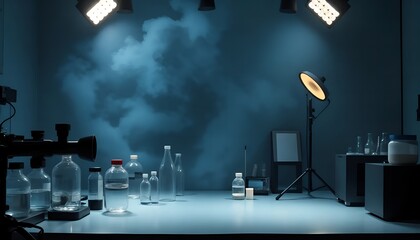 laboratory chemical glass and bottle with thick cloud smoke background and spotlight