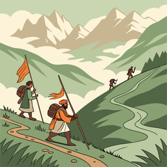 Obraz premium Hindu devotees go on a pilgrimage to the heavenly abode of Lord Shiva, a holy shrine situated inside a cave at Jammu and Kashmir.