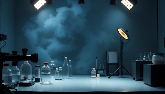 laboratory chemical glass and bottle with thick cloud smoke background and spotlight