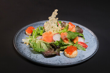 Fresh healthy vegetable Mediterranean salad of tomato, olives, green pepper and green basil leaves, banner, top view