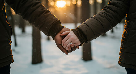 A heartwarming photo of two people holding hands in the snow, representing warmth, love, and unity. One hand is dark-skinned, the other fair