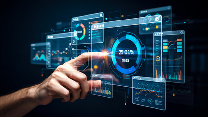 A futuristic digital analytics interface with floating holographic data windows glowing vividly against a dark background