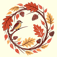 Autumnal Wreath with Bird Leaves and Pine Cones in Warm Earth Tones