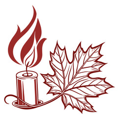 Elegant Candle and Maple Leaf Illustration in Maroon on White Background
