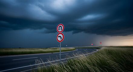 Ominous Sky Over Rural Road with Prohibitory Traffic Signs Before Impending Storm