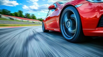 Red car speeds down track. Motion blur. Detailed wheel