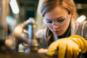 Female scientist working on microscope in laboratory young researcher in science chemistry biology medicine