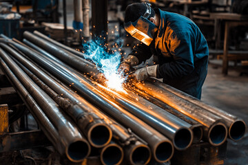 Welder welding steel pipes in factory industrial metal welding with sparks and protective gear