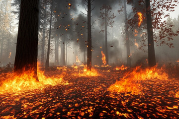 Forest fire in autumn burning dry leaves and trees with intense flames and smoke
