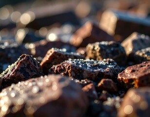 Close up depicts reddish brown rocks covered in glittering water droplets with soft bokeh effect