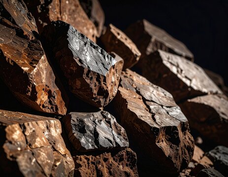 Close up view of brown and black iron ore stones piled, creating a textured, earthy composition perfect for backgrounds
