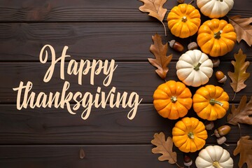 Festive Thanksgiving Display Pumpkins Acorns and Autumn Leaves on Wood