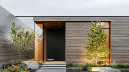 Modern architectural design featuring an entrance with natural landscaping and clean lines during daytime