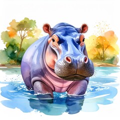Hippopotamus watercolor art depicts the huge mammal standing in the water with a river bank and trees in the background.