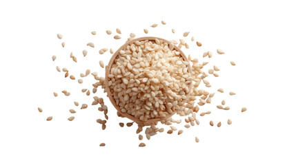 White Sesame Seeds in Wooden Bowl on Transparent Background