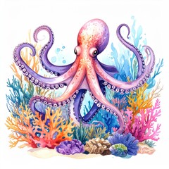Watercolor octopus amidst vibrant coral reef creates a marine illustration.