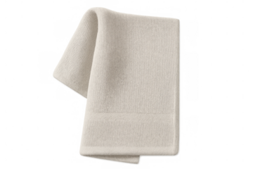 Plush white towel folding elegantly, revealing luxurious texture on pristine transparent surface, ideal for wellness or bathroom environments