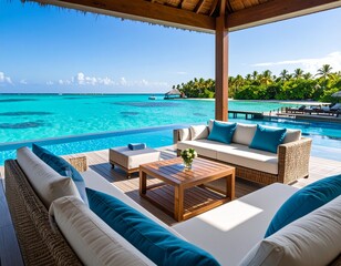 summer vacation concept, clear blue water ocean, tropical island, fancy luxury