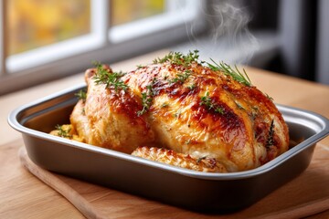 Fototapeta premium Steaming hot roasted chicken seasoned with rosemary and thyme coming out of the oven