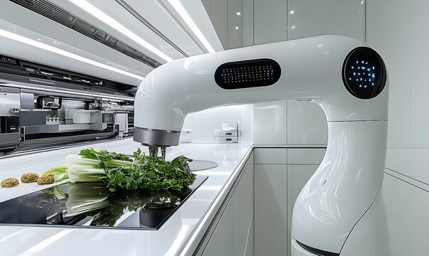 Futuristic Kitchen Robot Preparing Bok Choy and Mushrooms on a S