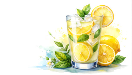 Watercolor style illustration of Lemon Soda in a clean modern glass.