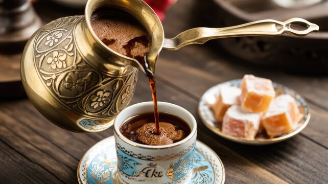 Pouring traditional Turkish coffee from an ornate brass cezve into a decorative cup, with Turkish delight served on the side.