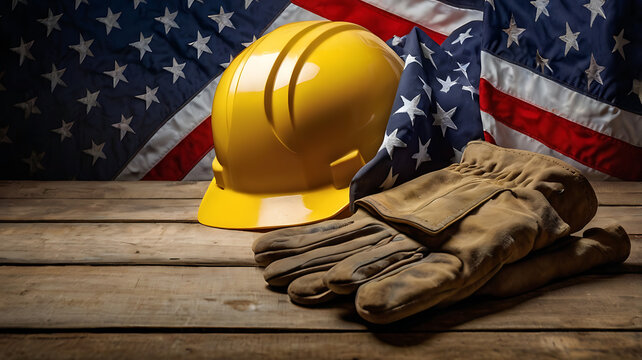 Celebrating Labor Day with symbolic elements such as construction tools, hard hats, work gloves, and the American flag. The composition should highlight themes of hard work, unity, and appreciation