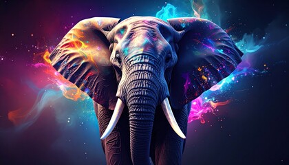 Majestic elephant portrait featuring vibrant colors and nebula effects, captivating wildlife art for home decor and creative projects.