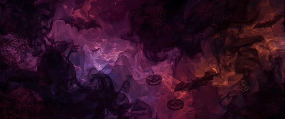 Naklejka premium Halloween background filled with spooky bats, pumpkins, and spiderwebs in dark purple. Perfect for Halloween party invitations or social media posts.