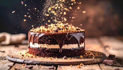 vanilla and chocolate cake on the rustic table, and crunch pouring down to the c