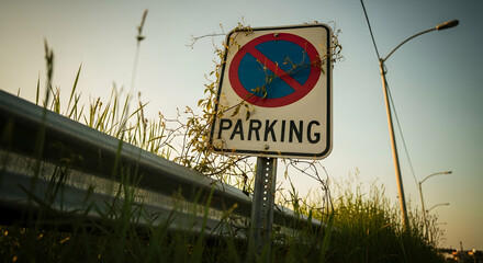 Overgrown Parking Sign In Grassy Field At Sunset Or Sunrise Time