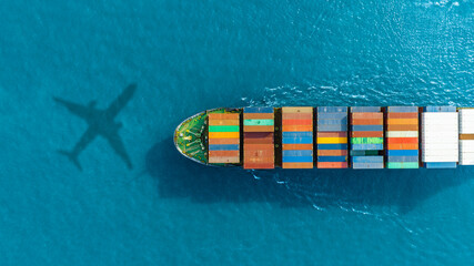 Aerial view of the freight shipping transport system cargo ship container. international...