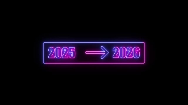 New Year neon 2025 to 2026 with pointing arrow animation on black background. looping animation direction concept animated in transparent background.