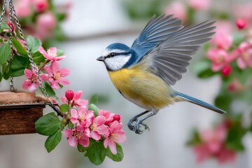 Blue Tit landing on a branch with pink flowers near a bird feeder