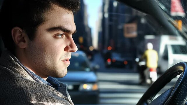 Urban Driver Focused Driving Serious Expression