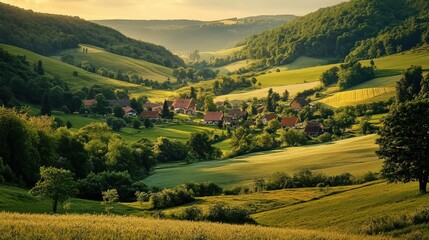 Fototapeta premium Picturesque rural landscape with village nestled in valley.
