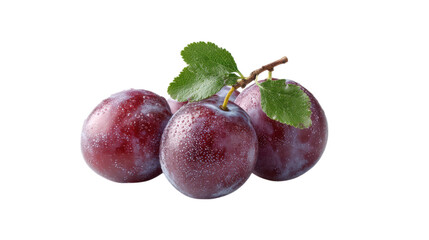 Fototapeta premium Three Juicy Plums with Leaf on Transparent Background