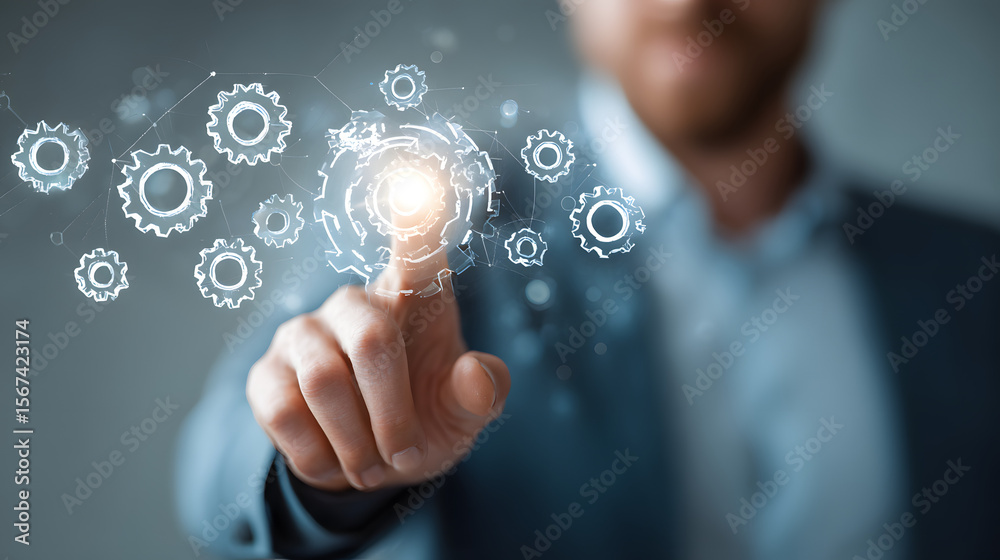 Poster businessman engaging workflow automation in a high-tech setting