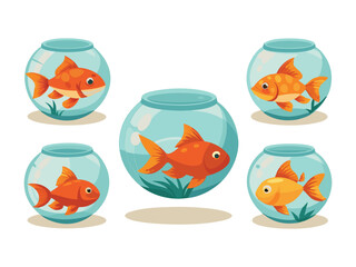 Five cute cartoon goldfish swimming in round glass bowls with green plants isolated on white background
